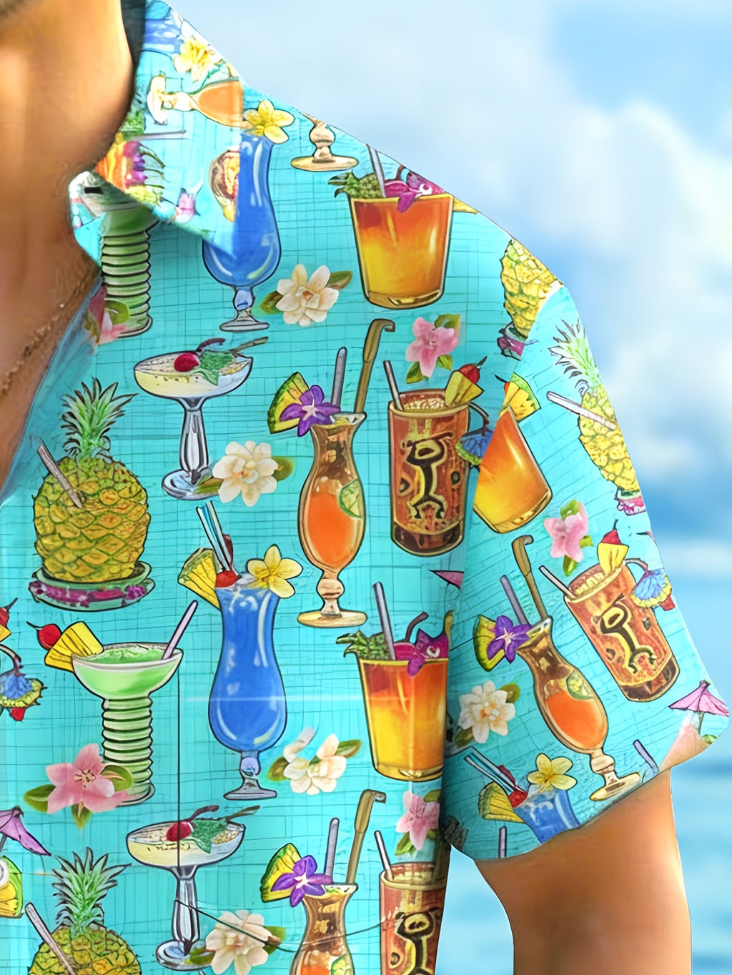Hawaiian Tiki Drink Print Men's Button- Short Sleeve Shirt Vacation Shirt, PLUS SIZE