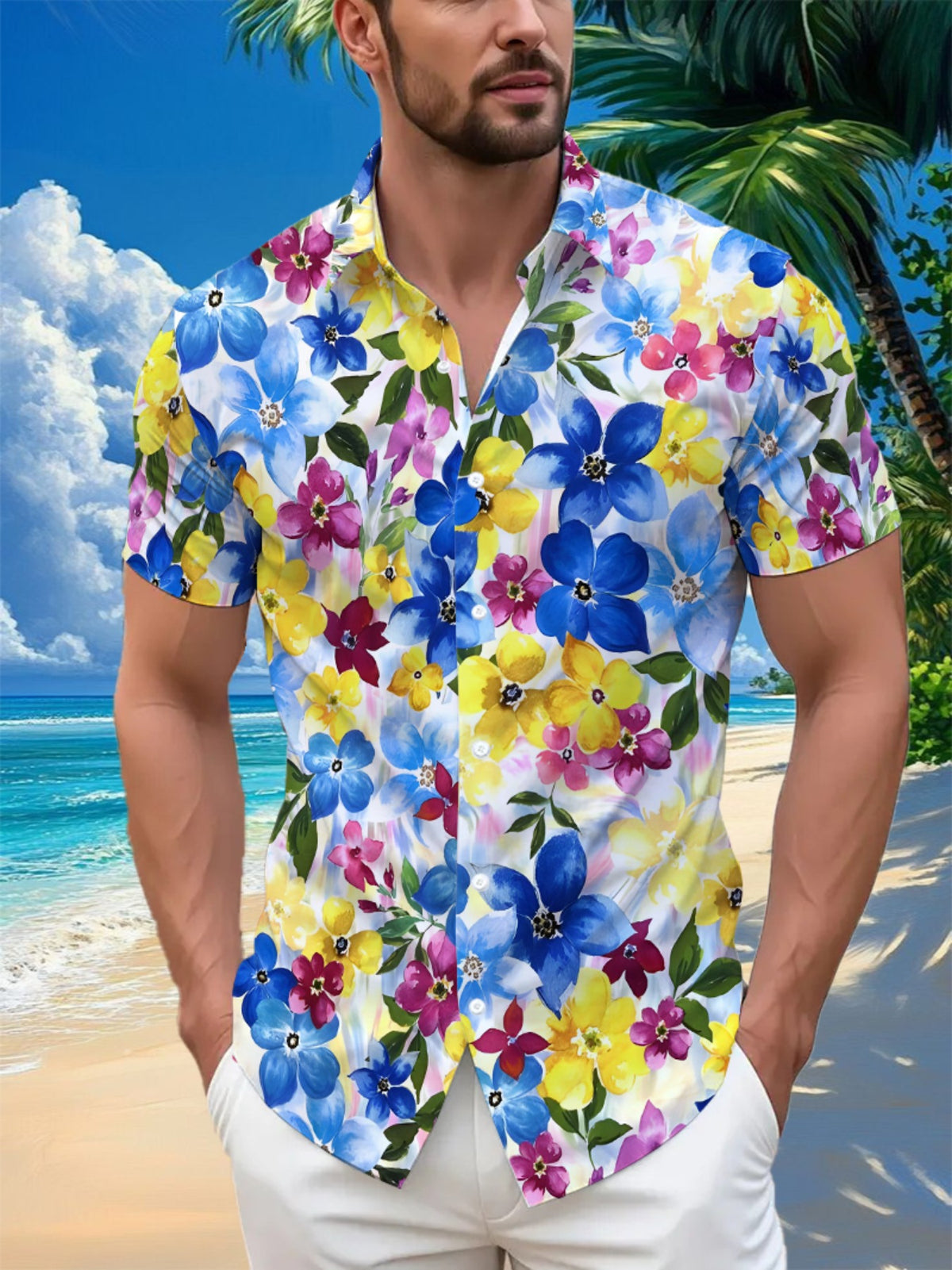 Hawaiian Tropical Style Men's Casual Shirt with Vibrant Floral Print - Short Sleeve Button-Up Design, Bright Colors, for Summer Outdoor and Casual Wear, Machine Washable