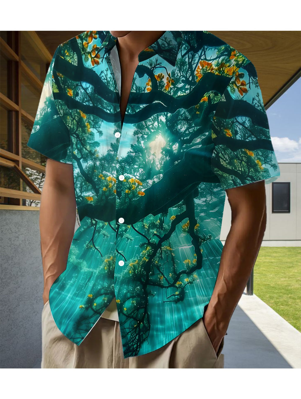 Fashion Hawaiian Men's Casual Sunlight Through Forest Pattern Shirt, Regular Fit Turn- Collar, Button Front, Outdoor Travel Clothing