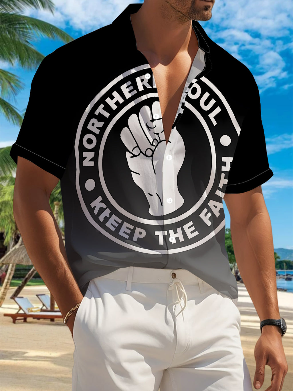 New Men's Casual Short-Sleeve Shirt, Northern Joyful Soul, Upholding Beliefs, Versatile for Holiday Gatherings and Commuting, Polyester Fiber Fabric, Machine Washable, Button-Up Printed Shirt