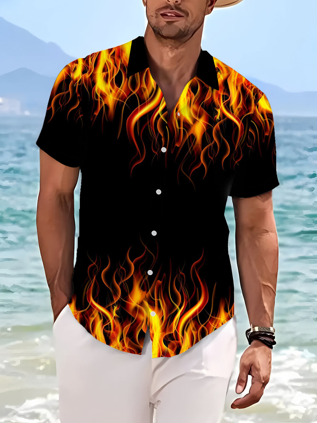 Trendy Individual Fashion Men'S Short Sleeve Shirt with Flame Print Black Background with Red And Yellow Flames Suitable for Casual Daily Wear