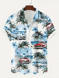 Men's Hawaiian Shirt with Tropical Print and Short Sleeves- Vintage Beach Style with Classic Car and Palm Tree Design, Button Collar, Lightweight Summer Vacation, Loose Summer Protection Pants| Hawaiian Buttons| Smooth Texture