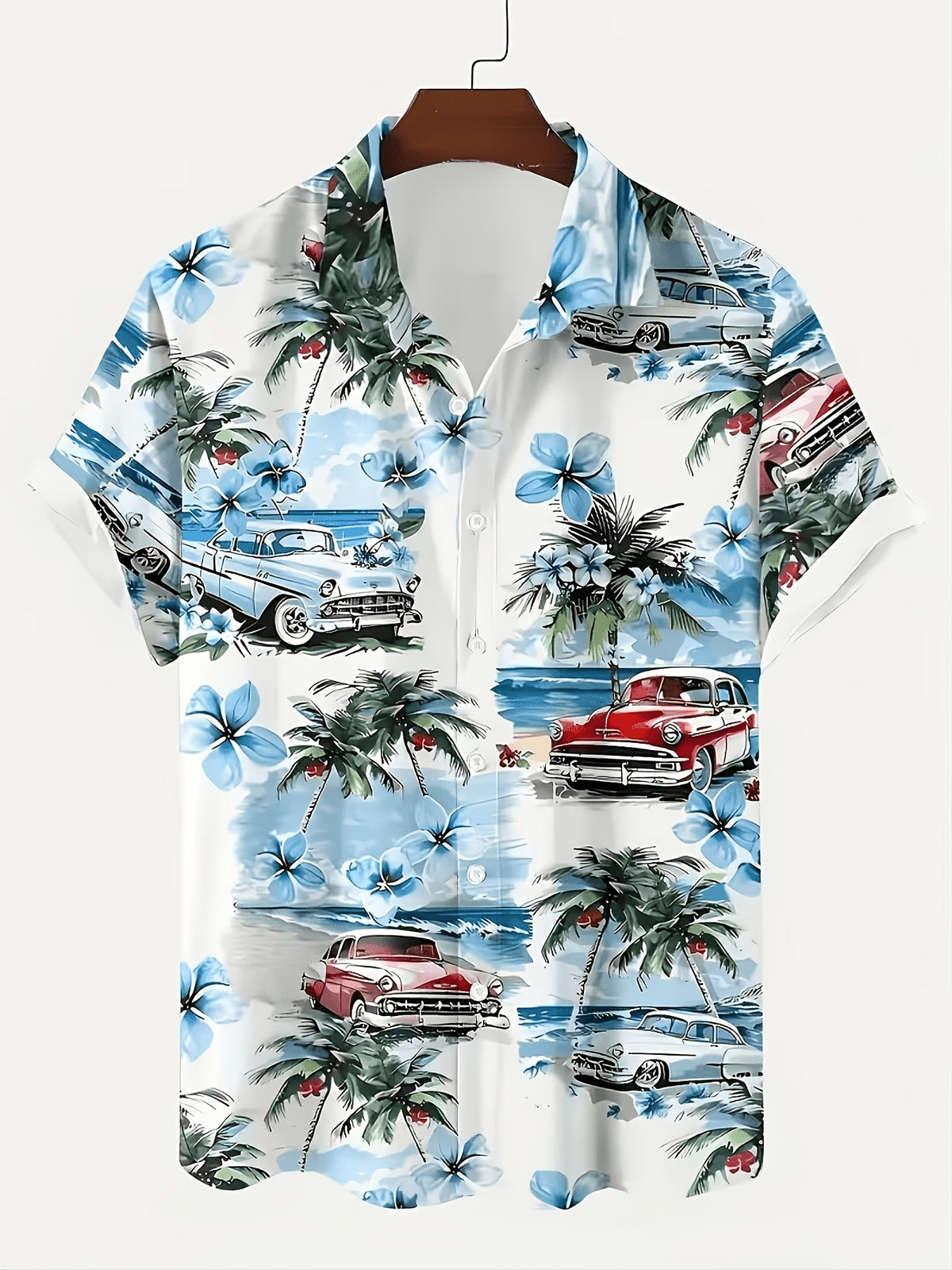 Men's Hawaiian Shirt with Tropical Print and Short Sleeves- Vintage Beach Style with Classic Car and Palm Tree Design, Button Collar, Lightweight Summer Vacation, Loose Summer Protection Pants| Hawaiian Buttons| Smooth Texture