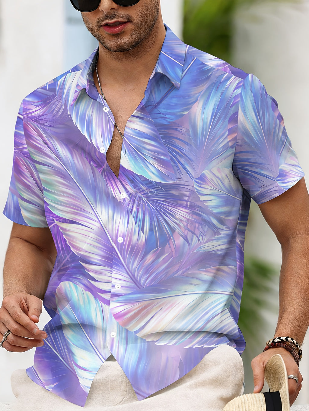 Tropical Style Men'S Casual Shirt, Printed Palm Leaves Summer Vibrant Colors