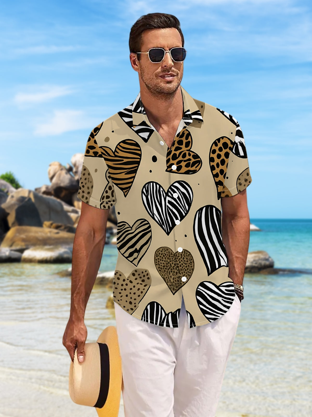 New Men's Casual Short-Sleeve Shirt with All-Over Animal Print Heart Pattern, Light Brown Base Color, Trendy and Eye-Catching, Versatile for Holiday Parties and Commuting, Polyester Fiber Fabric, Machine Washable, Button-Up Printed Shirt