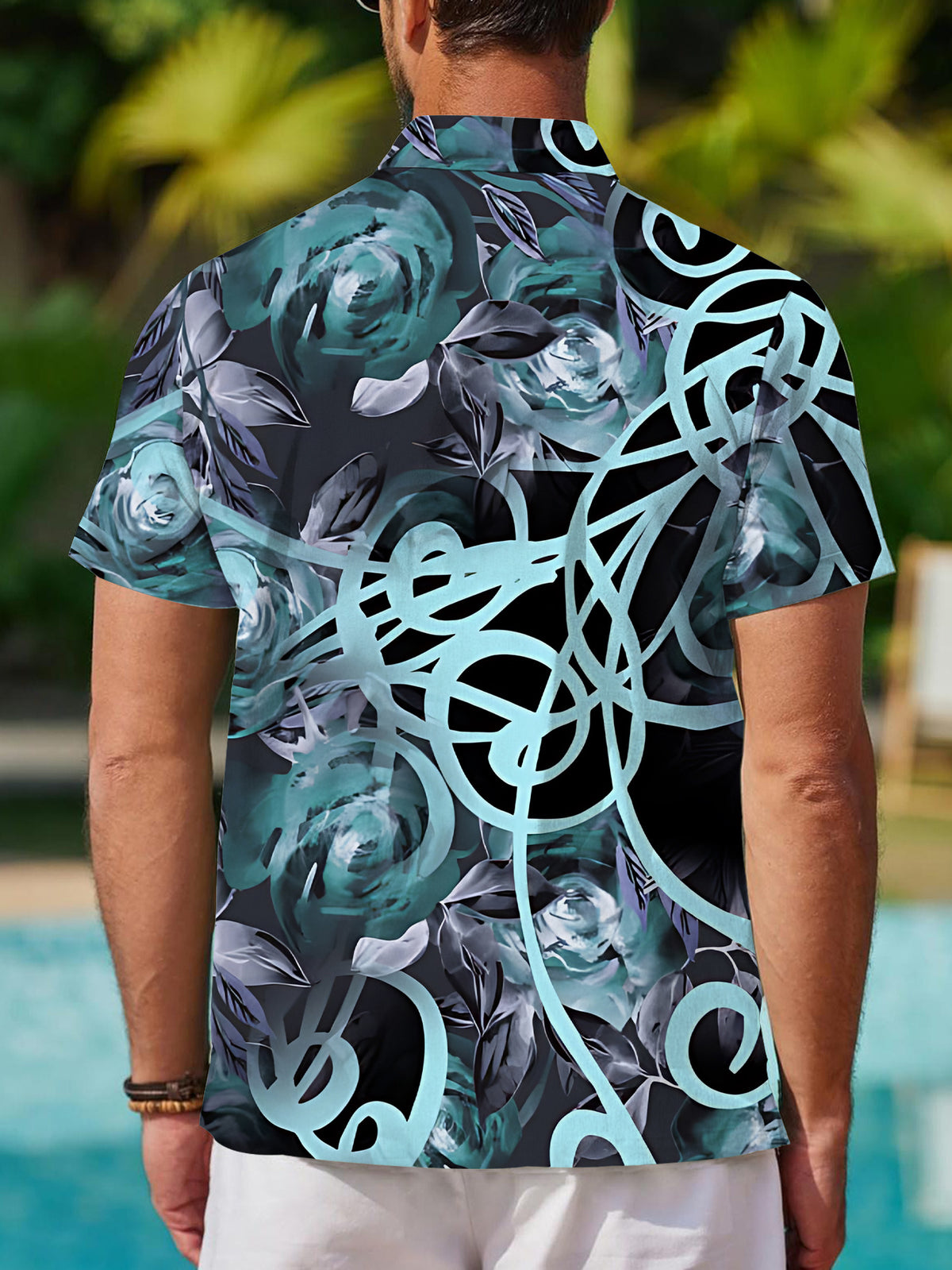 Men's Casual Digital Print Regular Fit Short Sleeve Shirt, Blue-Black Floral Pattern, Stylish and Sophisticated Dopamine Party Top, Clothing/Summer/Men/Printed/Apparel/Trendy/Streetwear