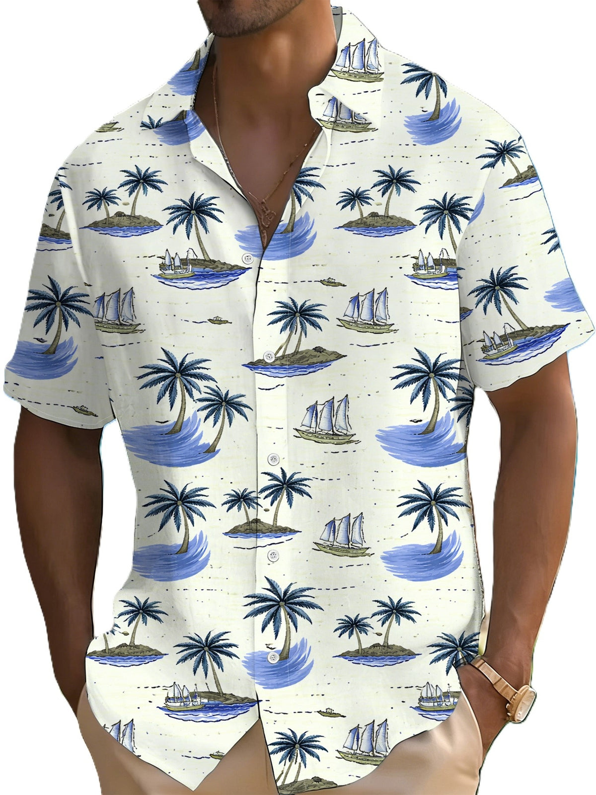 Printe Esign – Not Texture Men'S Eye-Catching Tropical Shirt, Bold Palm Tree Sailboat Pattern Lapel Open Collar, Beach Party Outfit
