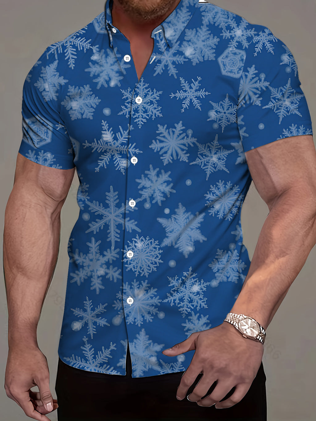Men'S Casual Short-Sleeve Shirt - Snowflake Print Blue Winter Style, Regular Fit Non-Stretch Fabric, Button-Up for Summer Streetwear And Daily Wear, Fashionable Snowflake Design, All-Season Wear, Trendy Item