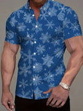 Men'S Casual Short-Sleeve Shirt - Snowflake Print Blue Winter Style, Regular Fit Non-Stretch Fabric, Button-Up for Summer Streetwear And Daily Wear, Fashionable Snowflake Design, All-Season Wear, Trendy Item