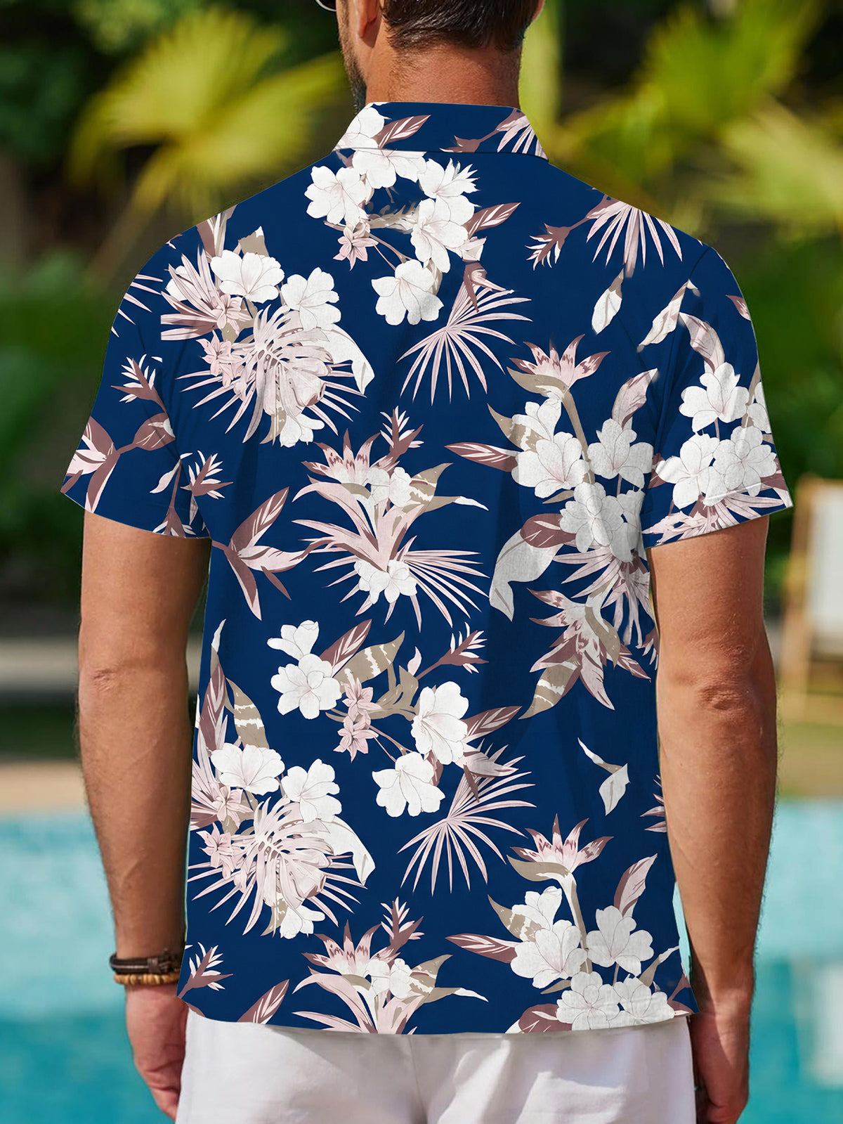[Print Design – Not Texture] Casual Shirt Men'S Digital Printing Label Short-Sleeved Shirt Dark Blue Background Floral Plant Pattern Fashionable And Atmospheric Dopamine Party Top Print/Men'S/Clothing/Clothes/Summer/Trend/Streetwear