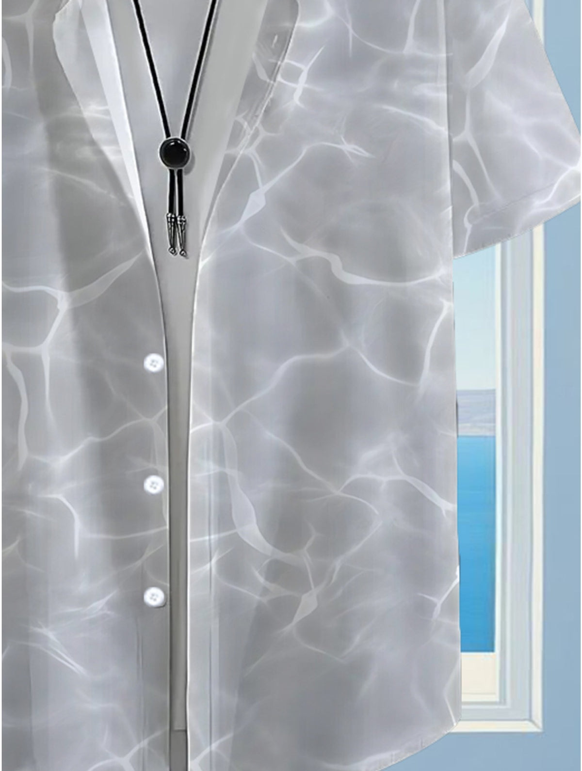 Men's Hawaiian Gray Water Wave Short Sleeve Button- Shirt - Loose Fit Collar, Full-Body Hawaiian Print, Button Front Closure, Machine Washable Summer Beachwear for Casual & Smart-Casual Outfits
