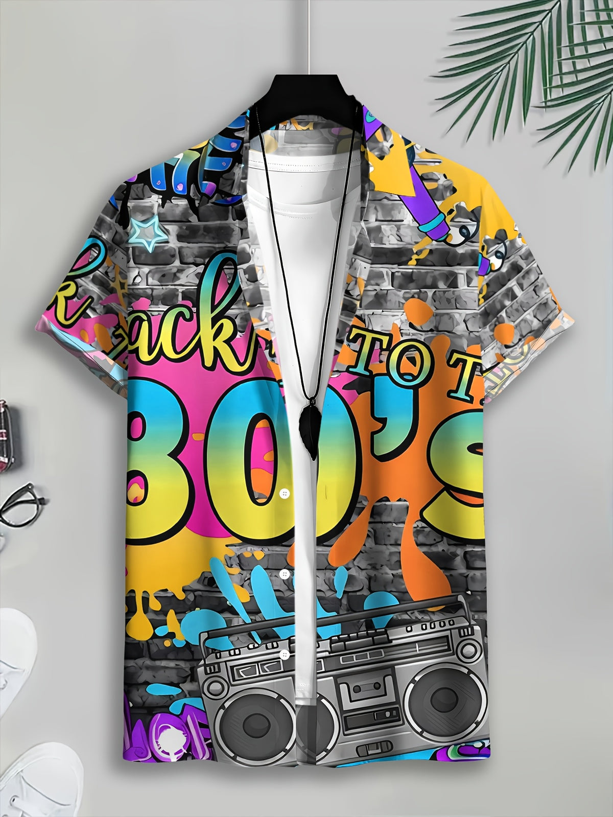 Retro Style Men's Casual Shirt Print Multicolor Back to The 80s Graffiti And Boombox Summer Pattern Highlight