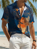 Men'S Casual Retro Travel Map Lotus Print Collared Shirt, Navy Blue Oriental Floral Summer Beach Short-Sleeve Top, Youth Daily Commute Shirt, Suitable As a Birthday Gift for Teenagers And Men Who Love Cruises, Seaside Trips, And Vacations