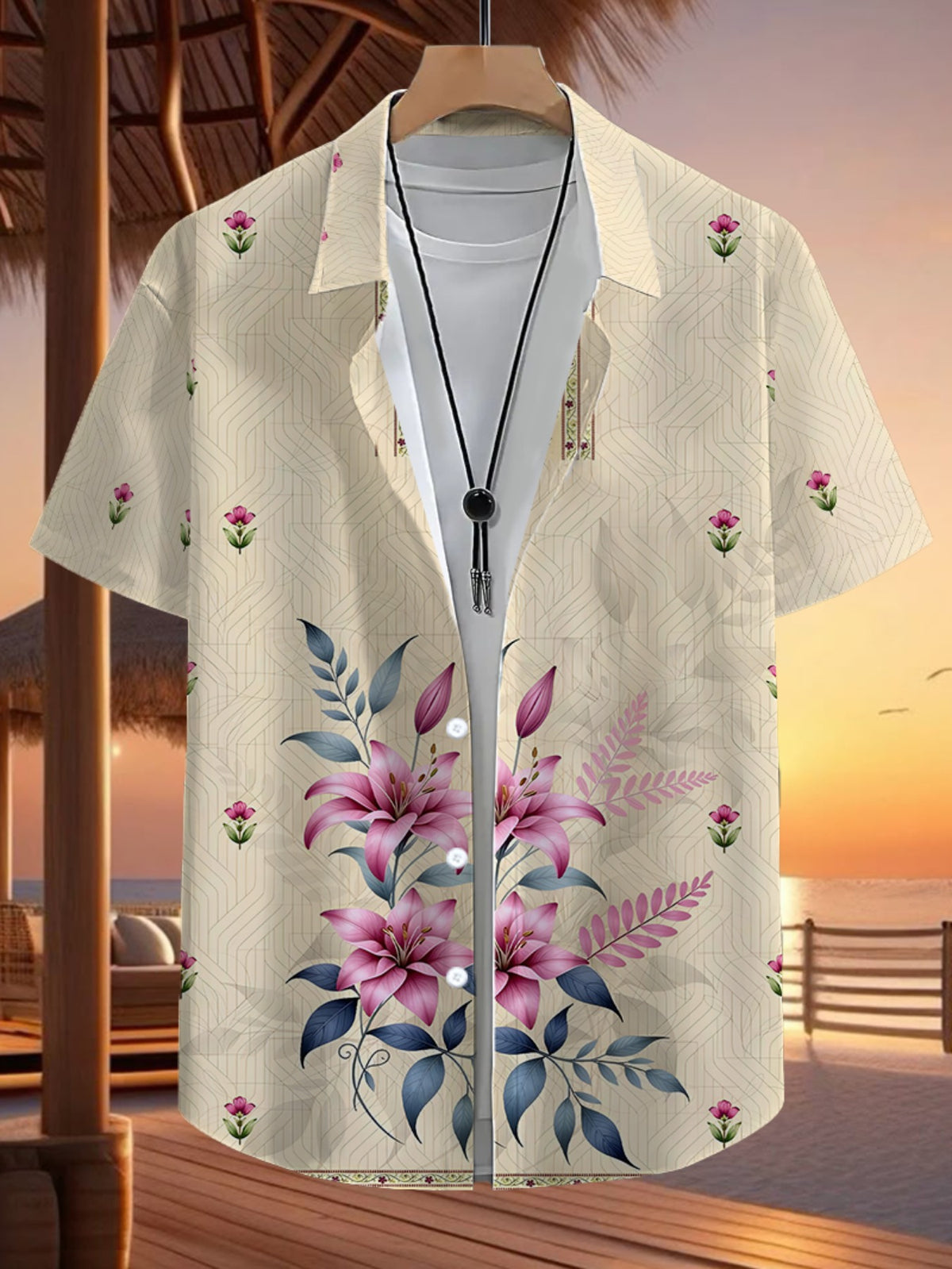 Men'S Casual Shirt with a Vibrant Tropical Pink Floral Print from Hawaii - Featuring a Short Sleeve Button Design, Perfect for Outdoor And Leisure Wear in The Summer
