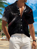 New Men'S Casual Short-Sleeve Shirt Featuring a Black Armor Design with a Sword-Wielding Warrior. Perfect for Festive Gatherings, Commuting, And Versatile Casual Wear. Made from Machine-Washable Polyester Fabric, It Has a Button-Up Print Style