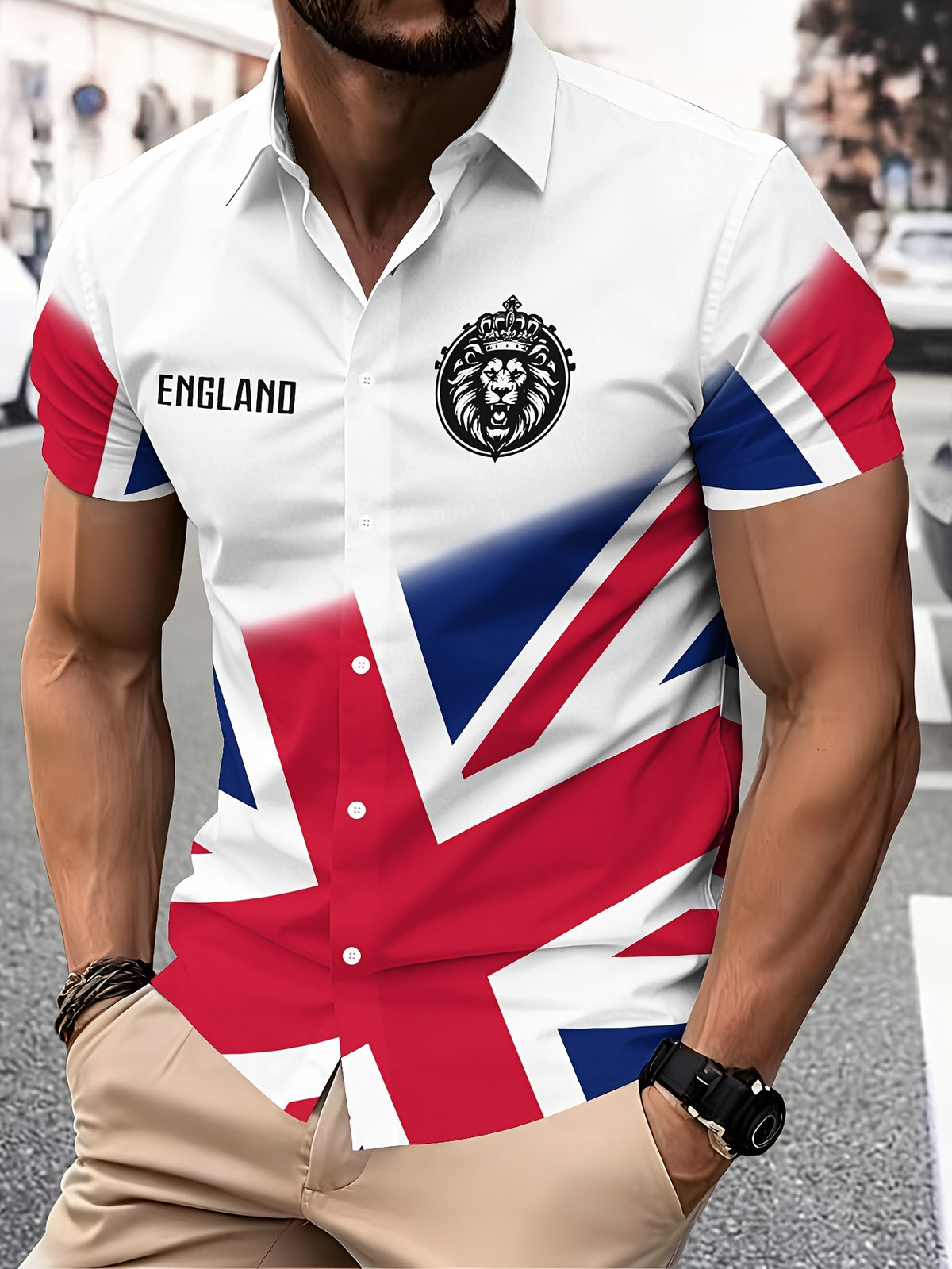 Casual Style Men's Casual Shirt Print White England Flag And Lion Emblem Summer Vibrant Union Jack Design
