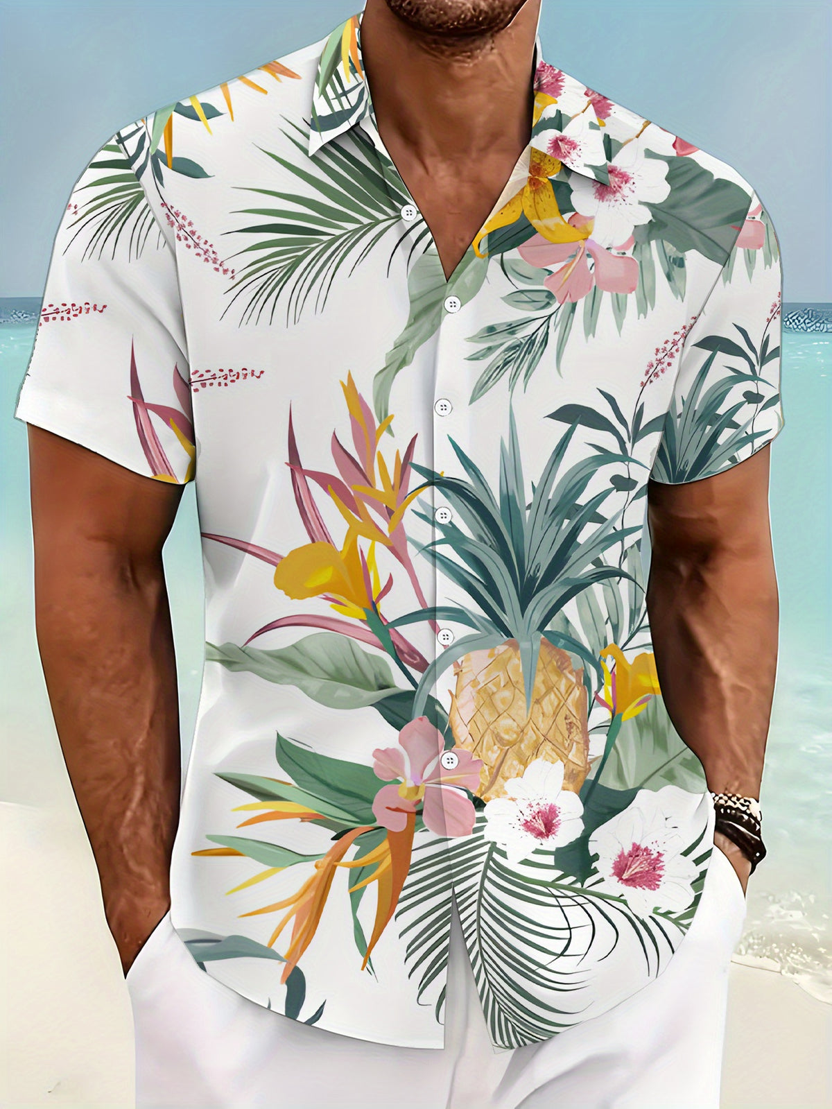 New Men's Casual Short-Sleeve Shirt with Digital Print, Tropical Floral and Botanical Pattern, Stylish and Elegant / Printed / Trendy / Streetwear / Men's / Summer / Clothing