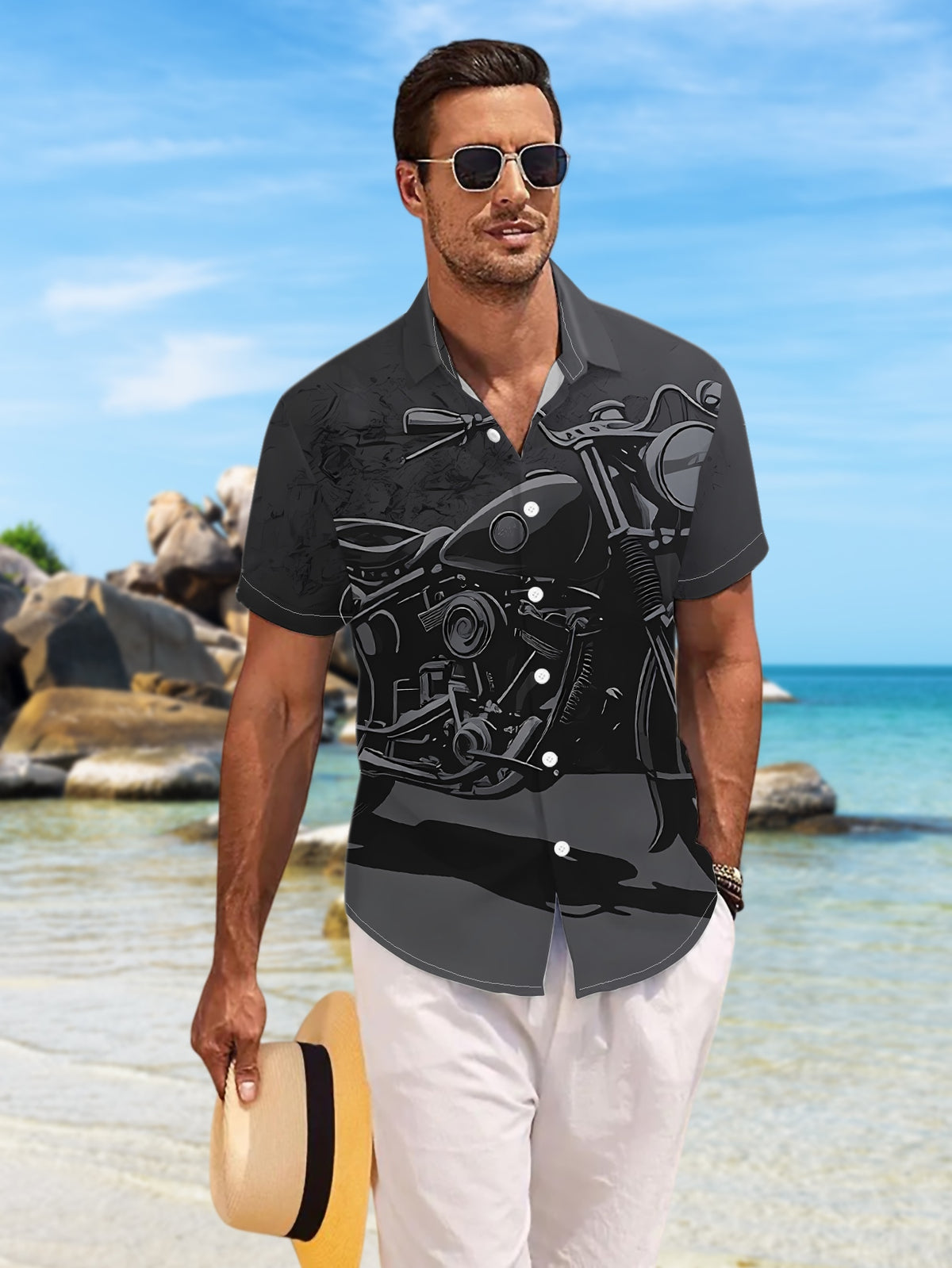 New Men'S Casual Short-Sleeve Shirt with a Dark Retro Motorcycle Design, Featuring Sharp Lines And a Strong Texture. Perfect for Holiday Gatherings, Commuting