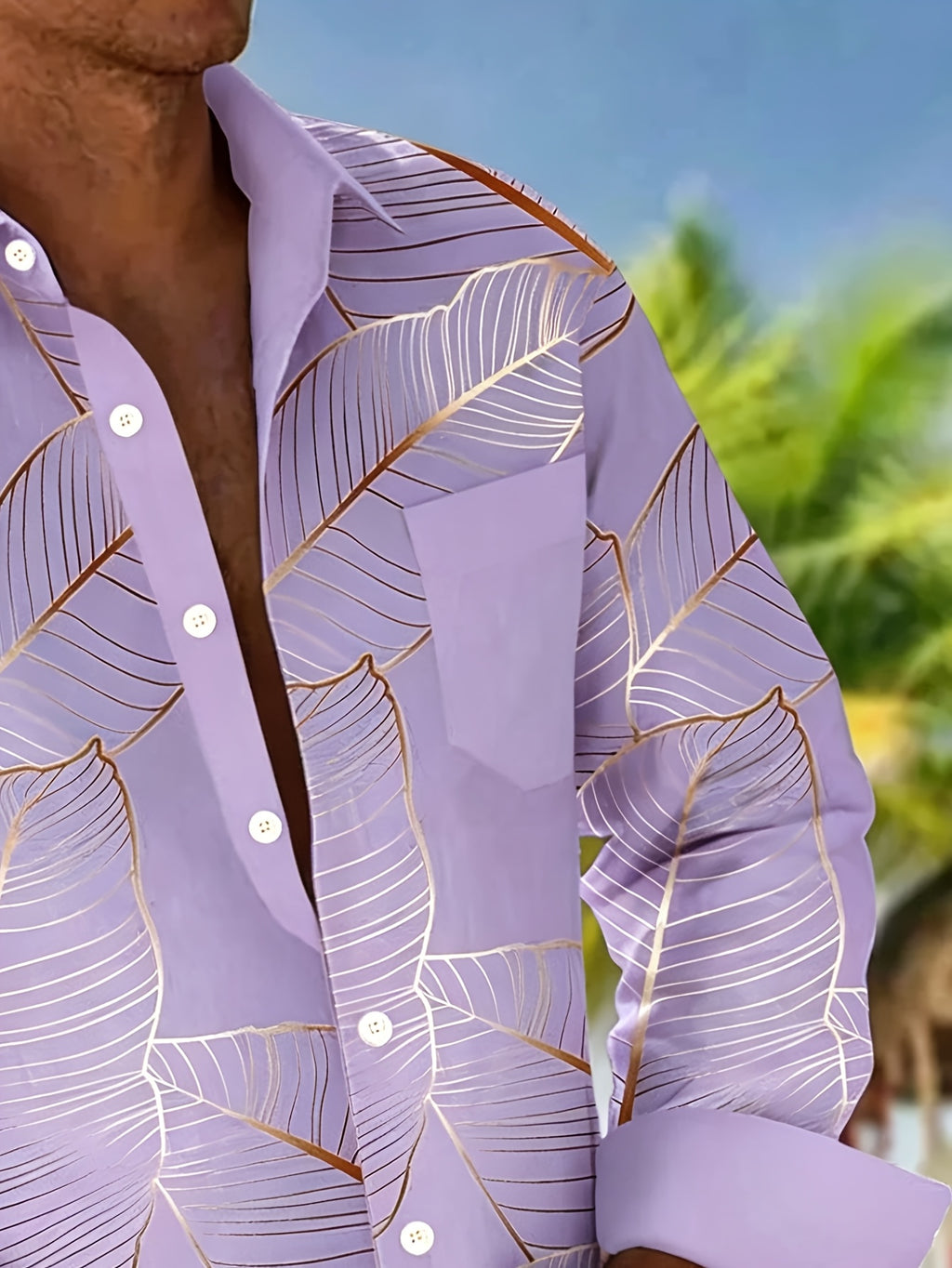 Hawaiian Botanical Leaf Gradient Print Men's Plus Size Button-Up Pocket Long Sleeve Shirt, PLUS SIZE