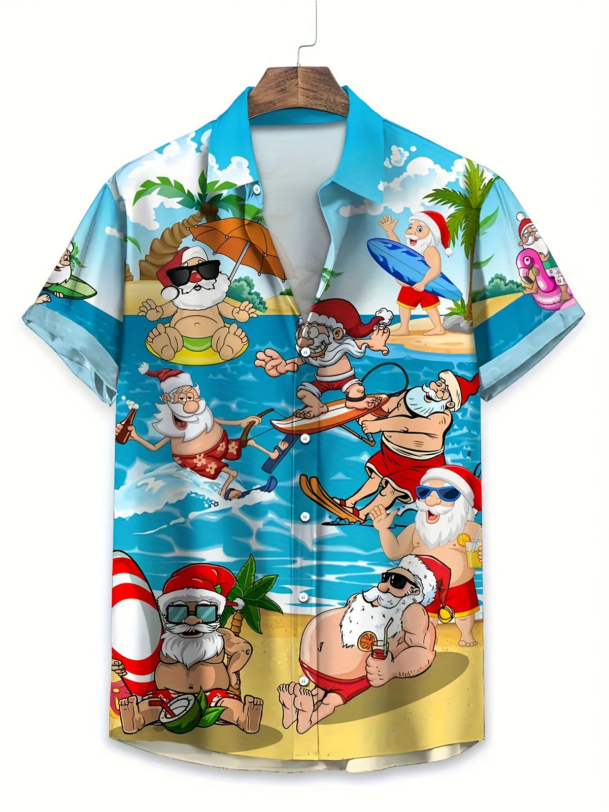 Men's Hawaiian Shirt - Tropical Santa Claus Surfing and Beach Scene Print, Short Sleeve Button-Up Top, Suitable for Casual Outings and Beach Vacations, Machine Washable Regular Fit, Holiday Party Outfit, Fun Vacation Style, Durable Construction