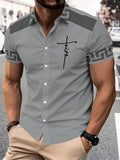 Simple and Stylish Men's Casual Shirt with Printed Gray Cross Text Pattern, Summer Trendy Design Short-sleeve Shirt