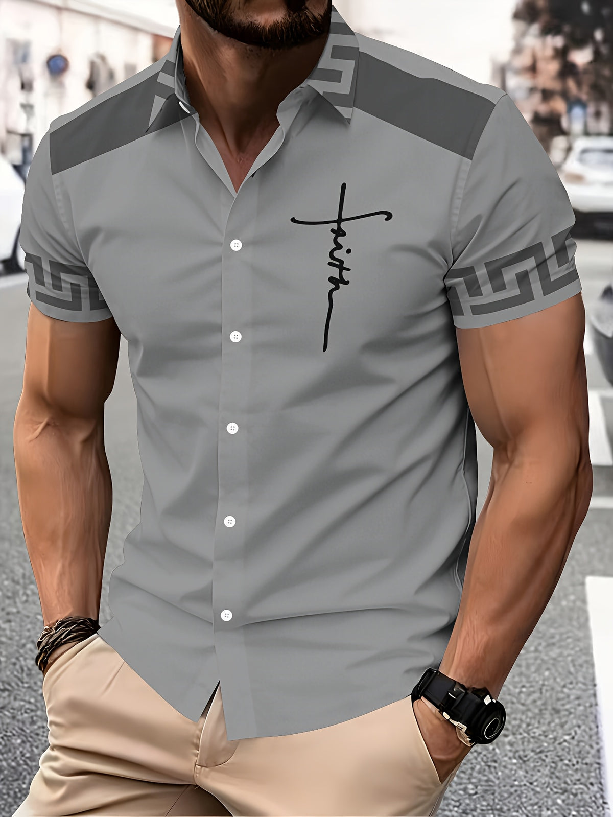 Simple and Stylish Men's Casual Shirt with Printed Gray Cross Text Pattern, Summer Trendy Design Short-sleeve Shirt