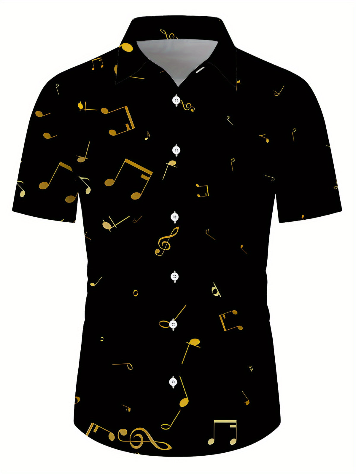 Men's Casual Short-Sleeve Shirt - Black with Golden Musical Note Print, Regular Fit Button-Up Top, Versatile for All Seasons, Beach and Daily Wear, Music-Themed Apparel, Smooth Textured Fabric