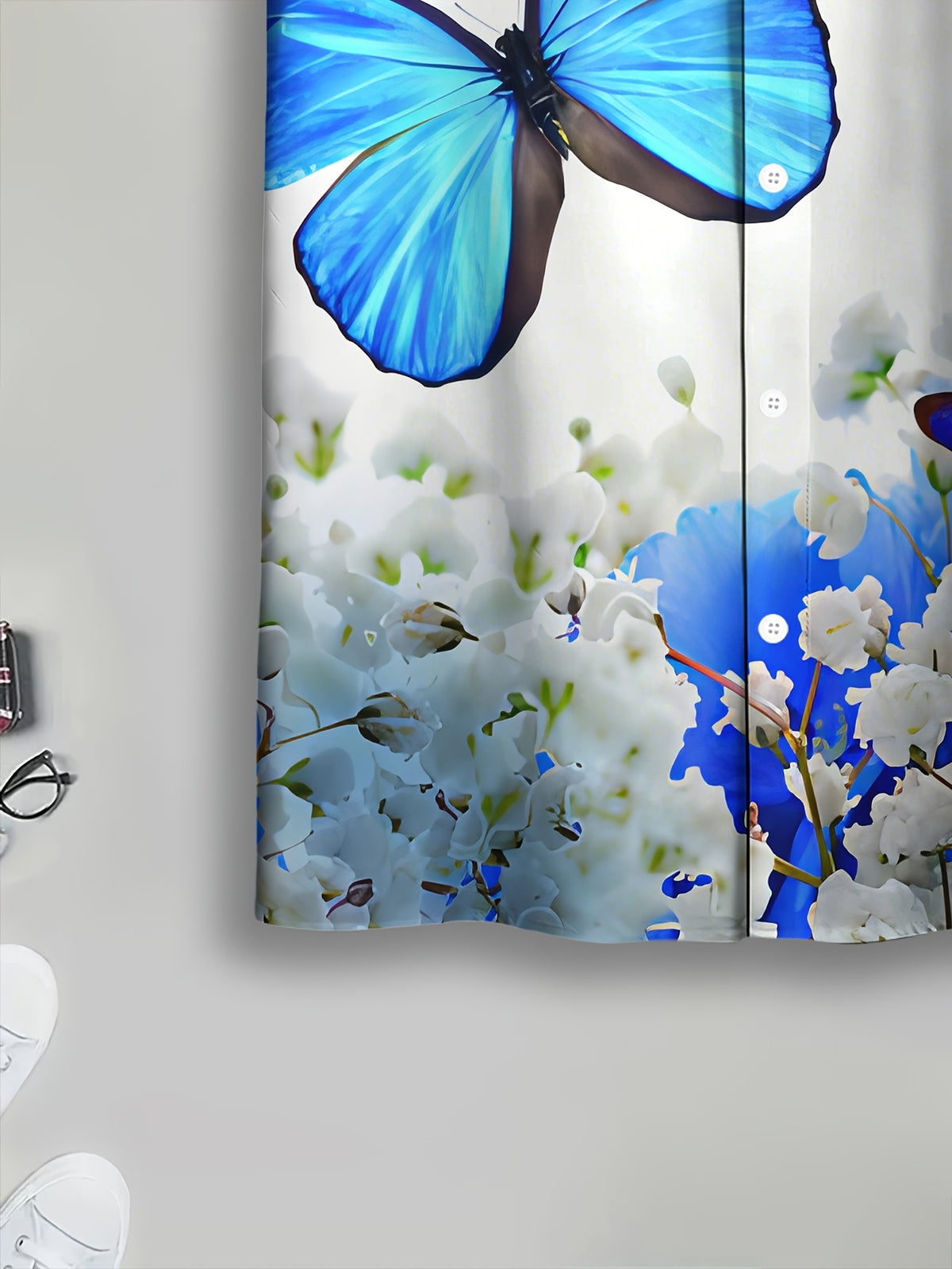 Summer Style Men'S Casual Shirt, Printed Blue Butterfly And White Flowers Pattern, Summer Vibrant Nature Design