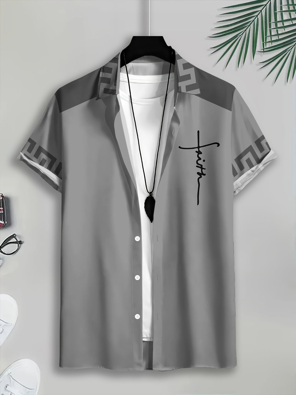Simple and Stylish Men's Casual Shirt with Printed Gray Cross Text Pattern, Summer Trendy Design Short-sleeve Shirt