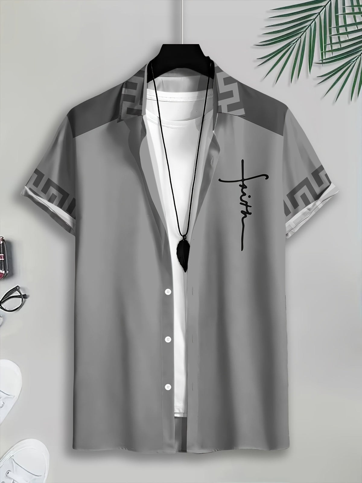 Simple and Stylish Men's Casual Shirt with Printed Gray Cross Text Pattern, Summer Trendy Design Short-sleeve Shirt