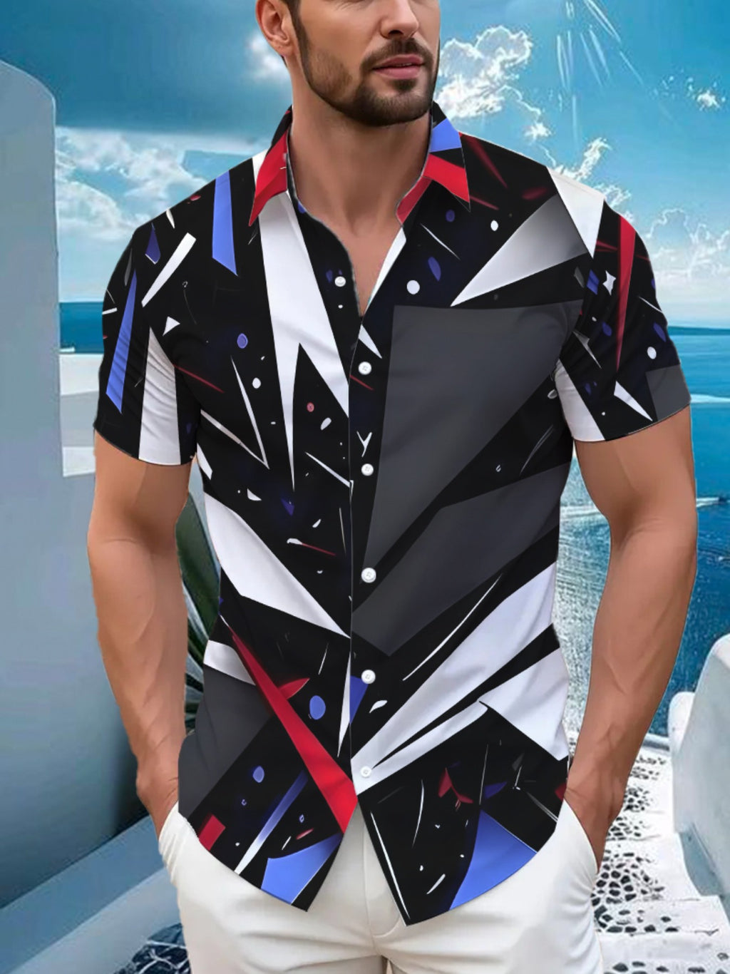 Fashionable Anime Geometric Patterned Print Shirt, Trendy Tropical Hawaiian Short-Sleeve Shirt, Casual Button-Up Men'S Shirt, Lightweight for Summer Adventures
