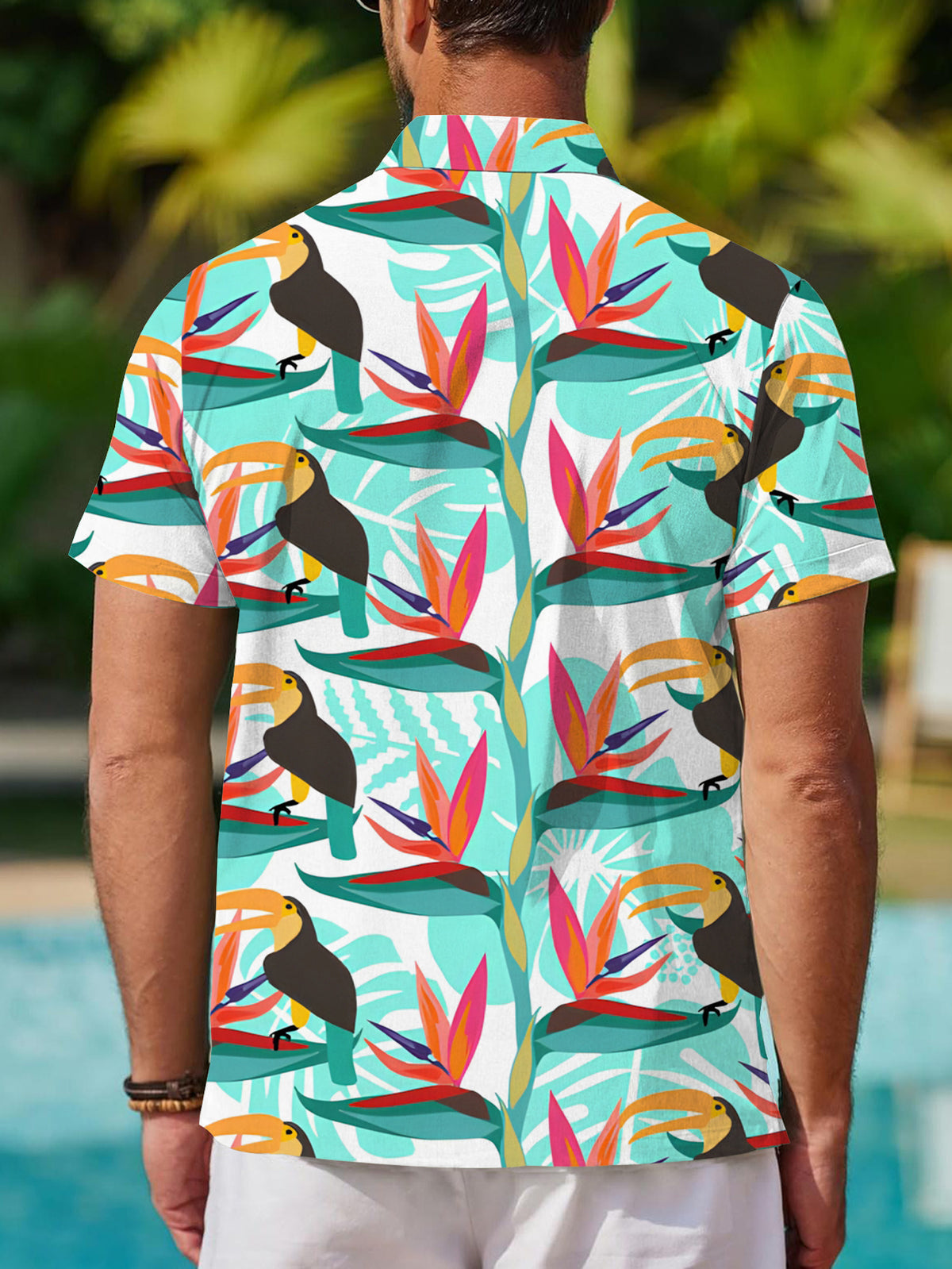 [Printed Design - Not Texture] Casual Shirt Men'S Label Short Sleeve Shirt Toucan Tropical Plant Pattern Fashionable Atmospheric Dopamine Party Top Summer/Clothing/Trendy/Clothes/Street/Men