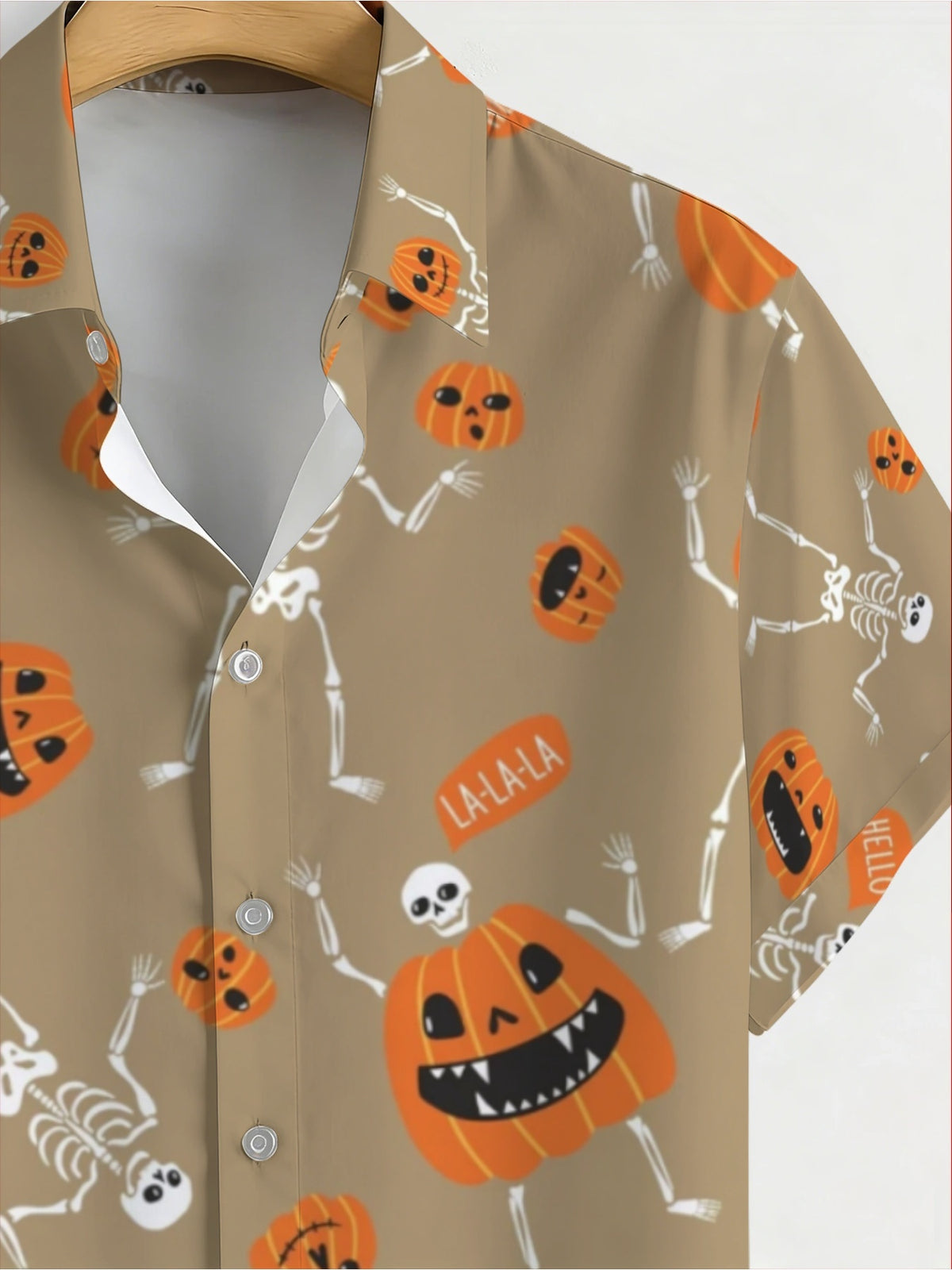 Men'S Teen Halloween Retro Print Hawaiian Shirt, Khaki Pumpkin Skull Pattern Short Sleeve Turn- Collar Shirt, Suitable for Theme Parties, Beach, Daily Casual Wear, Aloha Shirt, Perfect Halloween Gift Choice