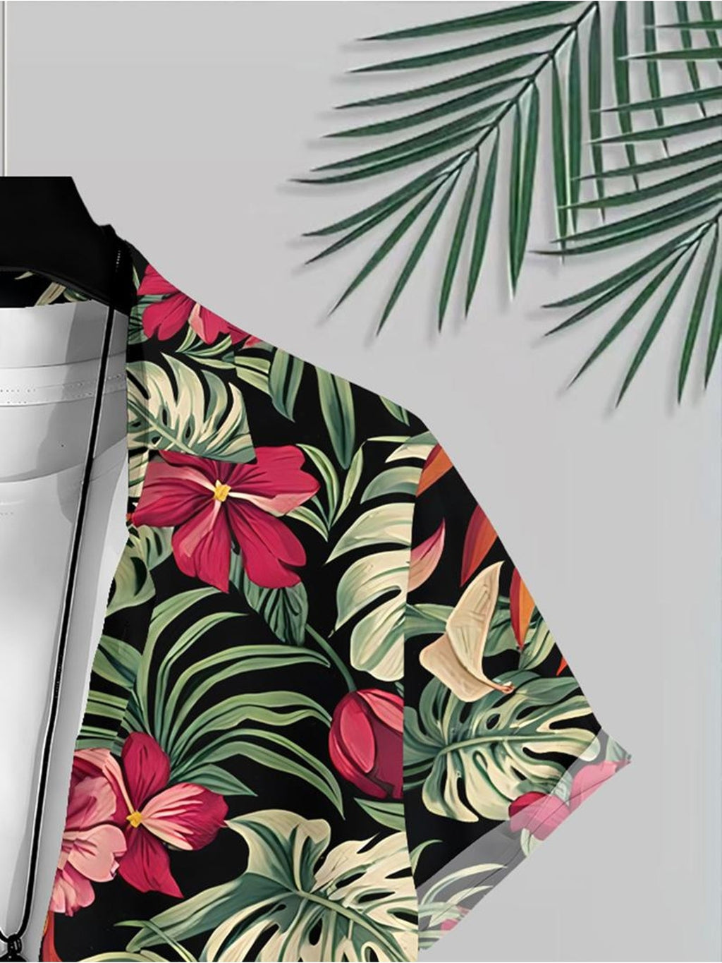 New Men's Casual Shirt, Tropical Floral Print, Black Short Sleeve, Multiple Sizes Available, Beach Style, Men's Fashion Item, Suitable for Vacation and Daily Wear