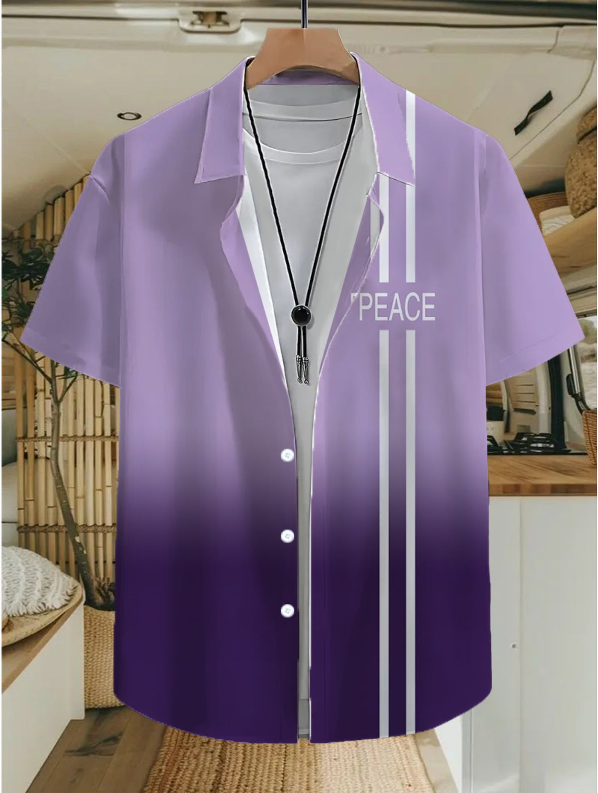 A Stylish Short-Sleeve Shirt Featuring a Dual Purple Gradient Pattern, Perfect for Tropical Summer Adventures. This Casual Button-Up Shirt Is Made from Lightweight