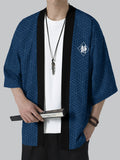 Casual Men'S Kimono Cardigan, Printed Navy Blue Geometric Pattern with Chinese Character Seasonal Design Featuring a Diamond Frame And Calm Symbol
