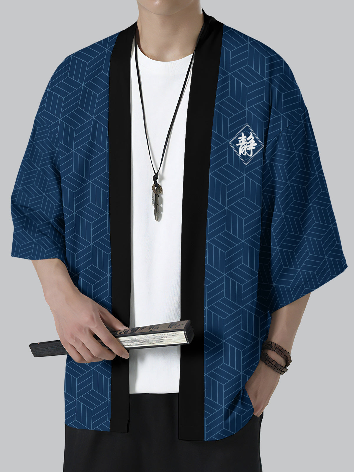 Casual Men'S Kimono Cardigan, Printed Navy Blue Geometric Pattern with Chinese Character Seasonal Design Featuring a Diamond Frame And Calm Symbol