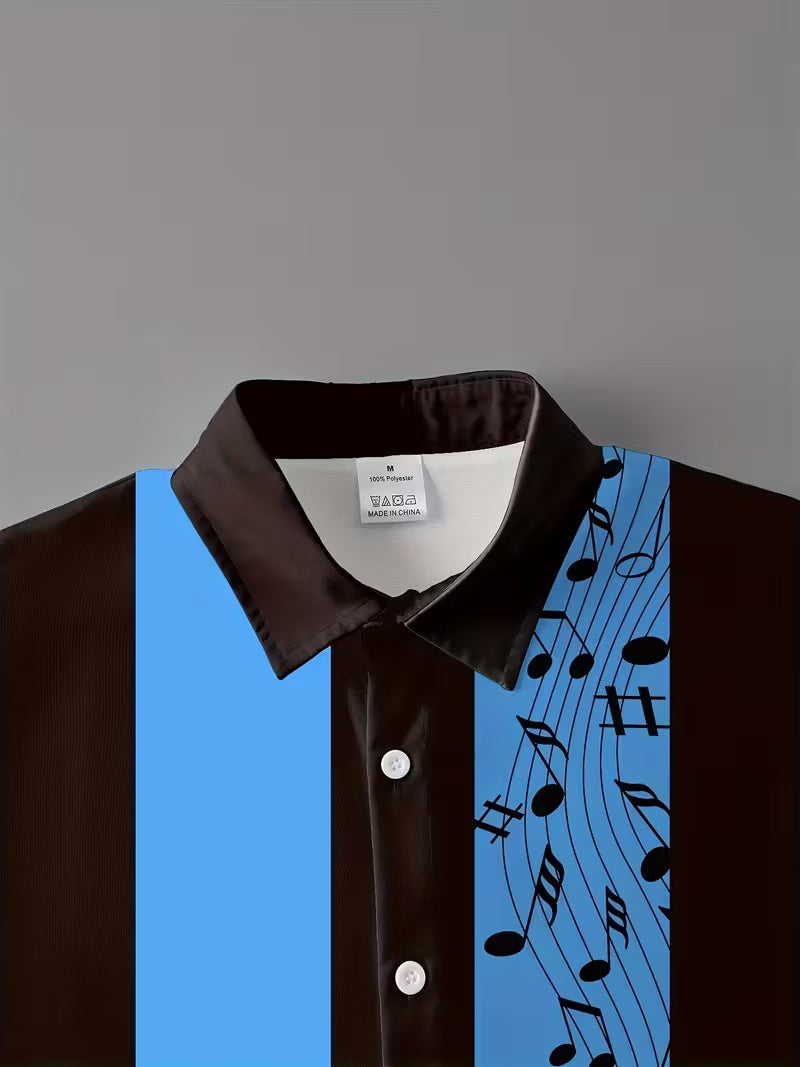 Hawaiian Notes Print Men'S Casual Shirt Single Jersey Regular Fit Short Sleeve Button-Up Shirt for Summer Vacation & Casual Attire Everyday