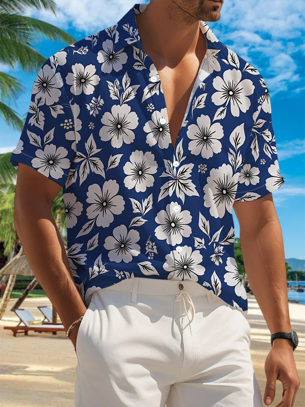 New Men'S Casual Short-Sleeve Shirt with a Blue Background And White Floral Patterns, Featuring a Dense And Uniform Layout, Suitable for Holiday Gatherings, Commuting, And Casual Wear. Made from Machine-Washable Polyester Fabric