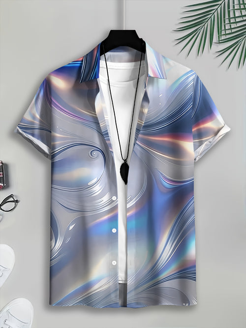 Abstract Wave Design Men'S Casual Shirt, Print Silver Blue Holographic Pattern Summer Shimmering Fluid Art
