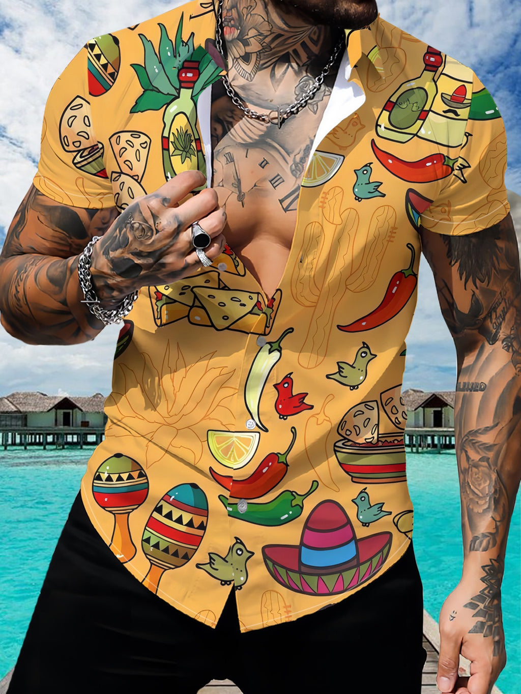 Men's Hawaiian Shirt with Mexican-Themed Food and Decorative Pattern Print, Fashionable Button-Up Short-Sleeve Top