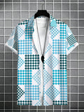 Men'S Refreshing Gradient Checkered Hawaiian Shirt, White Base with Multi-Tone Blue And Green Diamond Pattern Print, Short-Sleeved Collared Shirt for Beach Trips/Vacations/Casual Outings, Aloha Shirt, Great Gift Choice for Teenagers on Vacation
