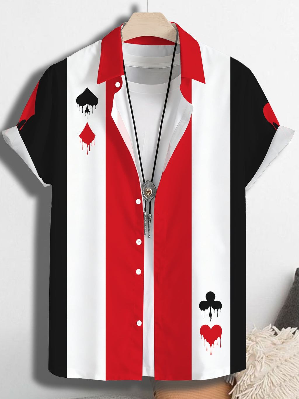 Men's Casual Anime Shirt with Hawaiian-Style Playing Card Cartoon Print, Regular Fit with Lapel Collar, Outdoor Travel Apparel