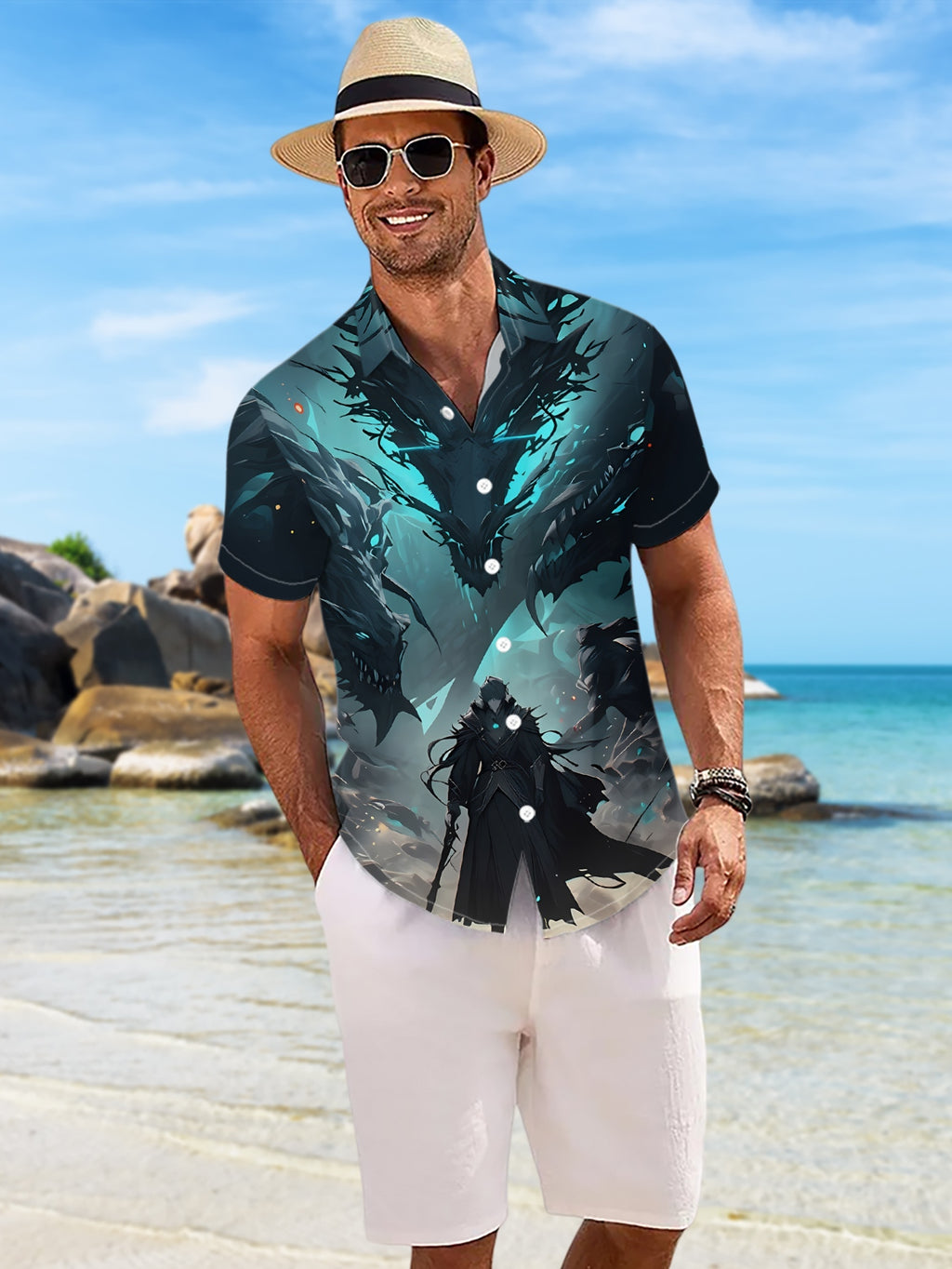 New Men'S Casual Short-Sleeve Shirt Featuring a Black Robe-Wielding Figure Facing a Three-Headed Underworld Dragon, Perfect for Holiday Gatherings And Commuting. Made from Machine-Washable Polyester Fabric with a Button Print Design