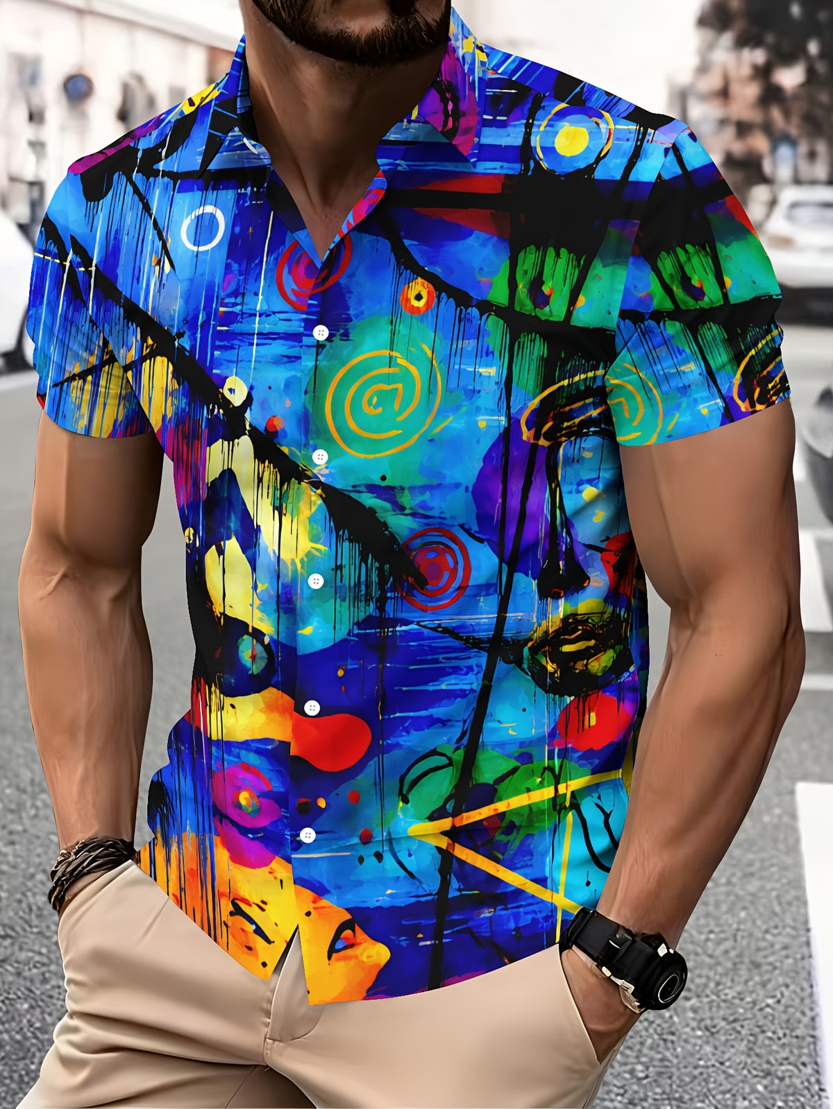 Abstract Art Men'S Casual Shirt, Print Colorful Paint Splatter Summer Vibrant Circles And Lines Pattern