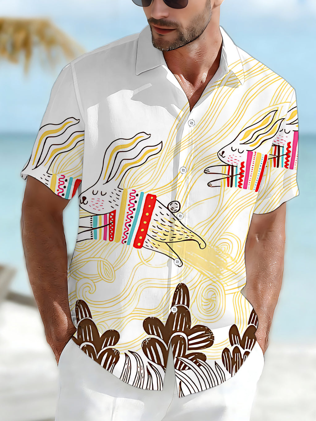 [Printed Design – Not Textured] Men's Casual Shirt, Standard Size Short Sleeve Shirt, Colorful Apparel with Running Rabbit Graphic, Stylish and Elegant Dopamine-Inducing Party Top, Trendy/Men's/Clothing/Streetwear/Summer/Apparel/Printed
