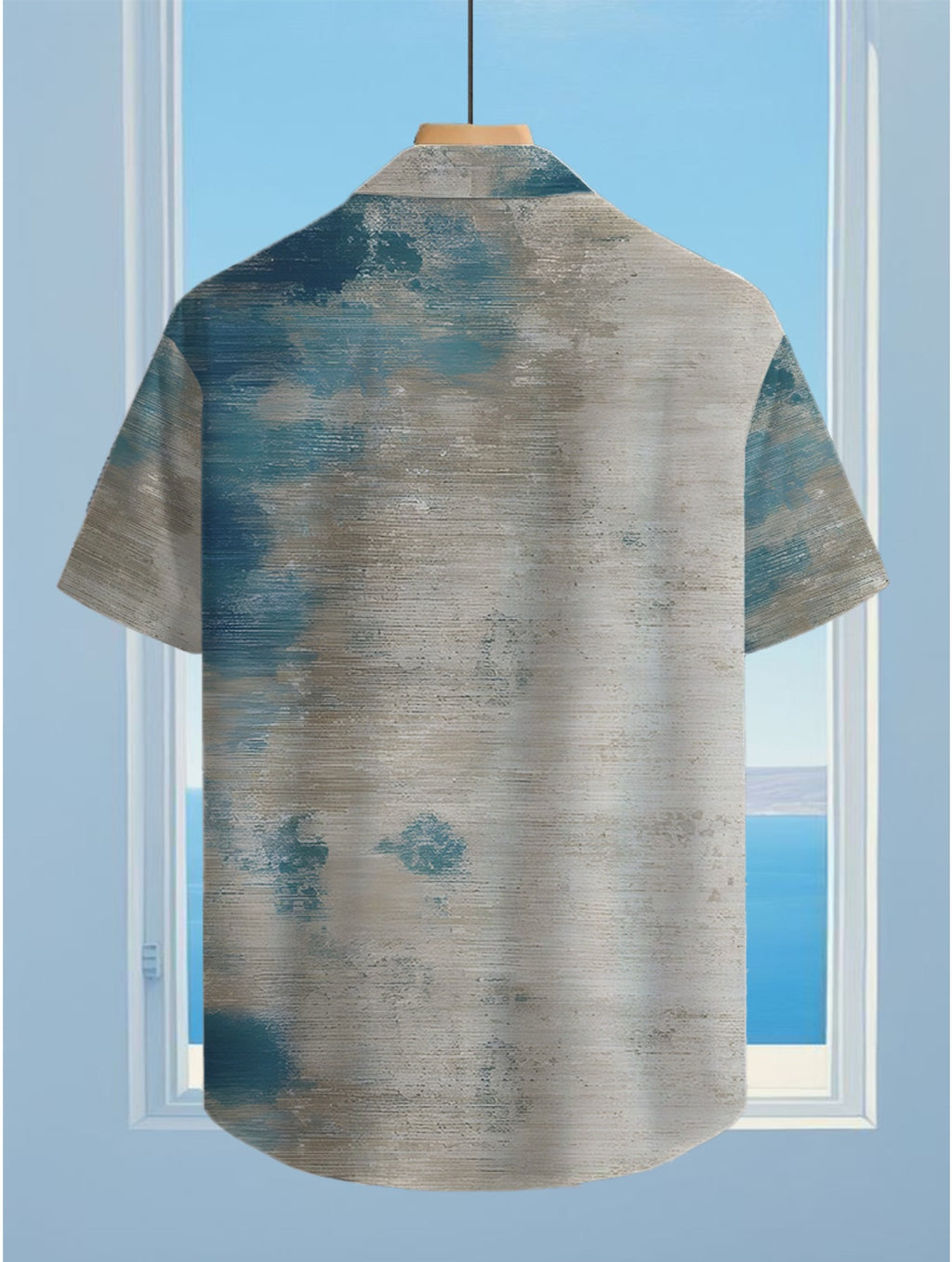 Hawaiian Tropical Blue, White, And Gray Gradient Patterned Elements Fun Print Men'S Casual Shirt - Short-Sleeve Button Design, Suitable for Summer Outdoor And Casual Wear, Everyday Outfits