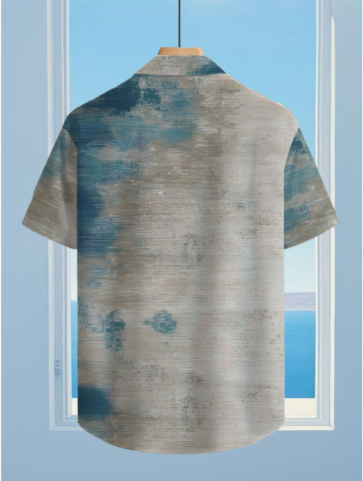 Hawaiian Tropical Blue, White, And Gray Gradient Patterned Elements Fun Print Men'S Casual Shirt - Short-Sleeve Button Design, Suitable for Summer Outdoor And Casual Wear, Everyday Outfits