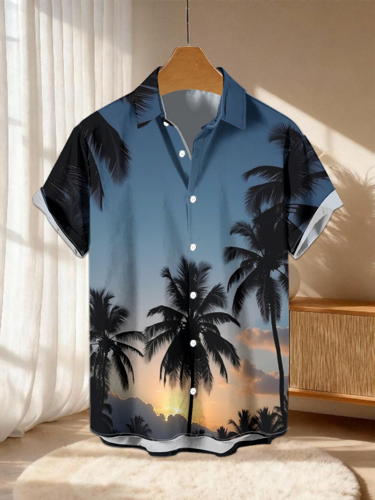 New Men's Casual Short-Sleeve Shirt, Coconut Grove Silhouette, Sunset Golden Hue Dyeing the Sky, Versatile for Holiday Parties and Commuting, Polyester Fabric, Machine Washable, Lightweight for Summer, Suitable for Casual Wear, Outdoor Activities