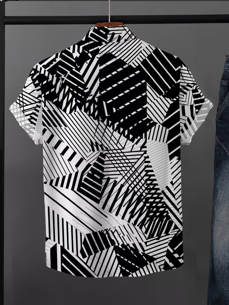 Hawaiian Black and White Line Print Men's Casual Shirt - Short Sleeve Button-Up Design, Vibrant Colors, Summer Outdoor and Casual Wear, Machine Washable